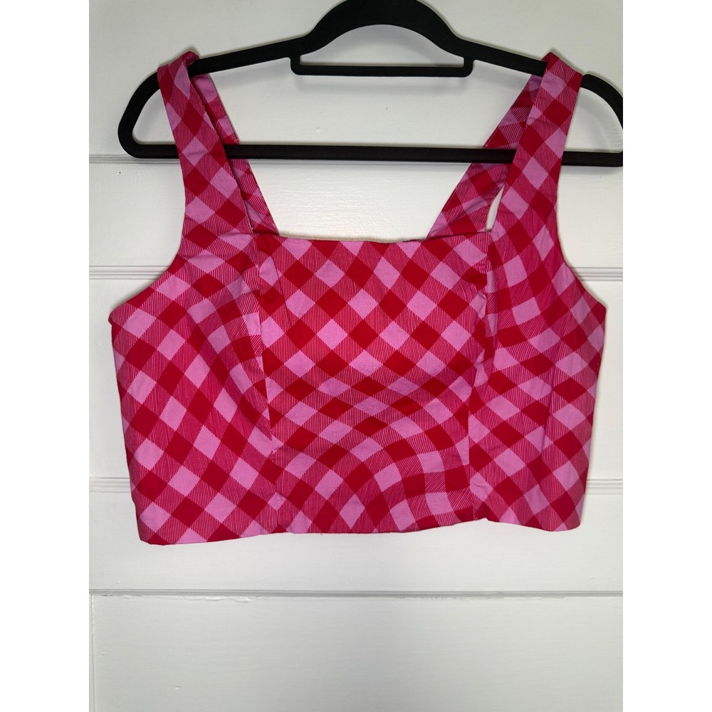 Scoop Womens Pink Red Gingham Smocked Back Crop Top SS-1414 L 12-14